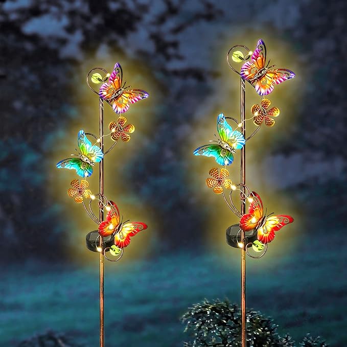 Solar Garden Lights, 2 Pack Butterfly Stake Lights Outdoor, Waterproof Solar Butterfly Decorative Landscape Lights for Pathway Backyard Patio Lawn Christmas Party Decor