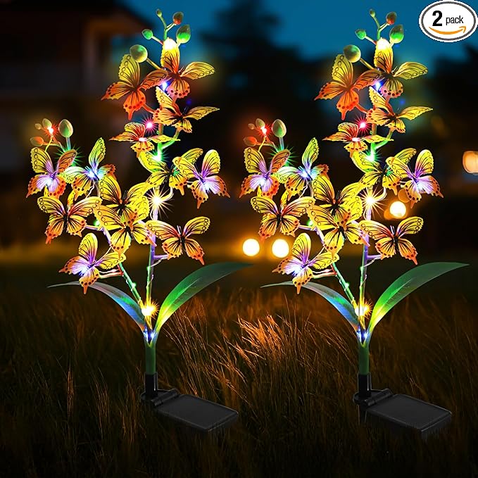 Solar Garden Lights, Solar Flower Lights with 4 Colors and 2 Lighting Modes, Suitable for Yard, Garden, Lawn, and Path Decoration(Yellow, 2 Pack)