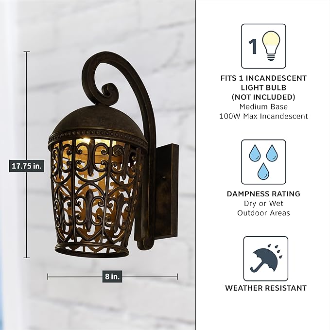 DESIGNERS FOUNTAIN Amherst Outdoor Light Fixture, 17.75 Inch Exterior Wall Lantern Sconce for Front Door, Patio and Porch, Burnt Umber, 97592-BU