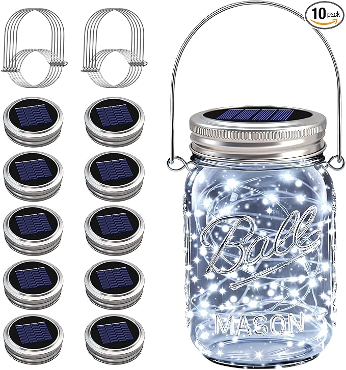 VOOKRY Solar Mason Jar Lights - 10 Pack 30 Led Solar Mason Jar Lids Outdoor Fairy Lights with 10 Hangers Waterproof for Jars DIY Party Patio Garden Table Wedding Decoration Cool White(No Jars)
