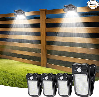 Clip on Solar Lights for Fence, 3 Modes Solar Motion Lights Outdoor Waterproof, 60LEDs 500LM Portable Security Light for Fence, Deck, Garage, Camping, USB Charging, 4 Black