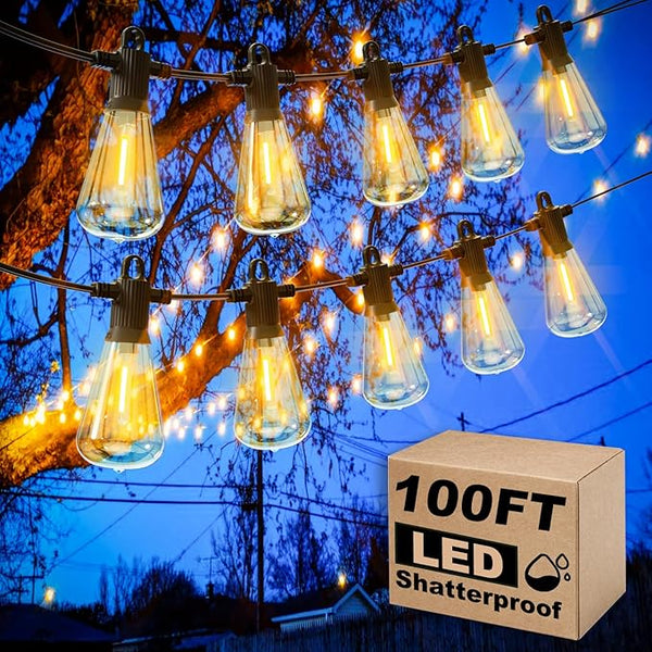 100FT Outdoor String Lights, LED Patio Lights with 50+3 ST38 Vintage Edison Shatterproof Bulbs, IP65 Weatherproof | Lumora