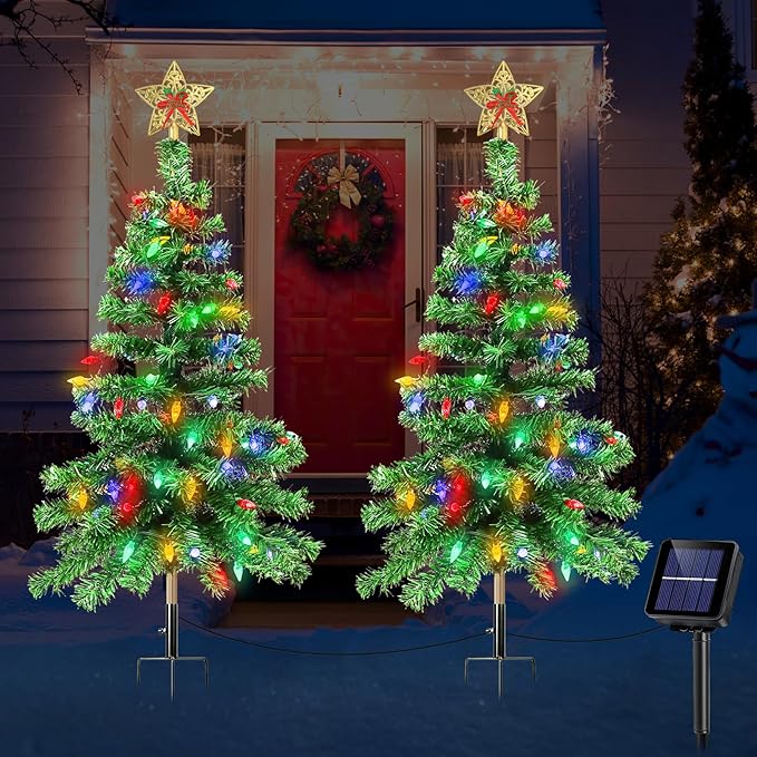 Solar Christmas Trees Lights Outdoor, Solar Powered Xmas Trees Stake Outside Waterproof 3.6FT with 100 LEDs and 8 Modes for Yard Pathway Garden Grave Cemetery Decorations (2 in 1)