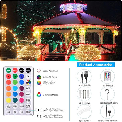 59Ft Solar String Lights Outdoor Waterproof, 18 Colors Changing 150 LED Christmas Lights Solar Powered & USB with Remote, Multicolor Fairy Lighting for Outside Tree Yard Indoor Halloween Decor