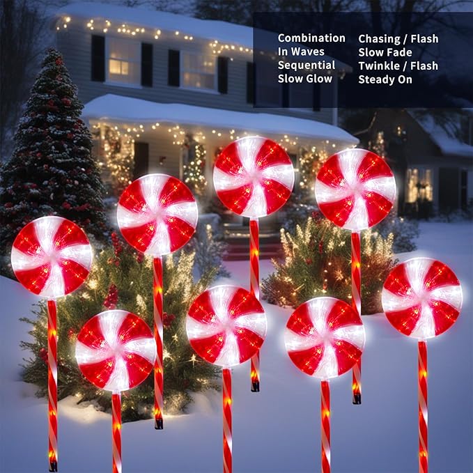 Christmas Solar Pathway Lights, 27" Set of 8 Lollipops Peppermint Stake Lights, 8 Modes Candy Cane Walkside Lights, Outdoor Xmas Decoration for Walkway,Yard(8PCS-Red)