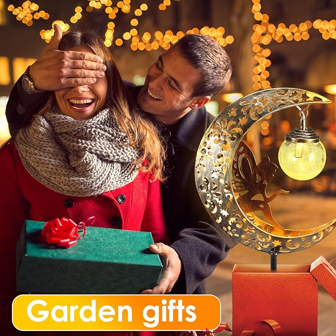 Solar Garden Lights Outdoor Decor, Waterproof Moon Fairy Crackle Glass LED Metal Decorative Lights for Lawn, Walkway Backyard, Yard Decor, Birthday, Ramadan