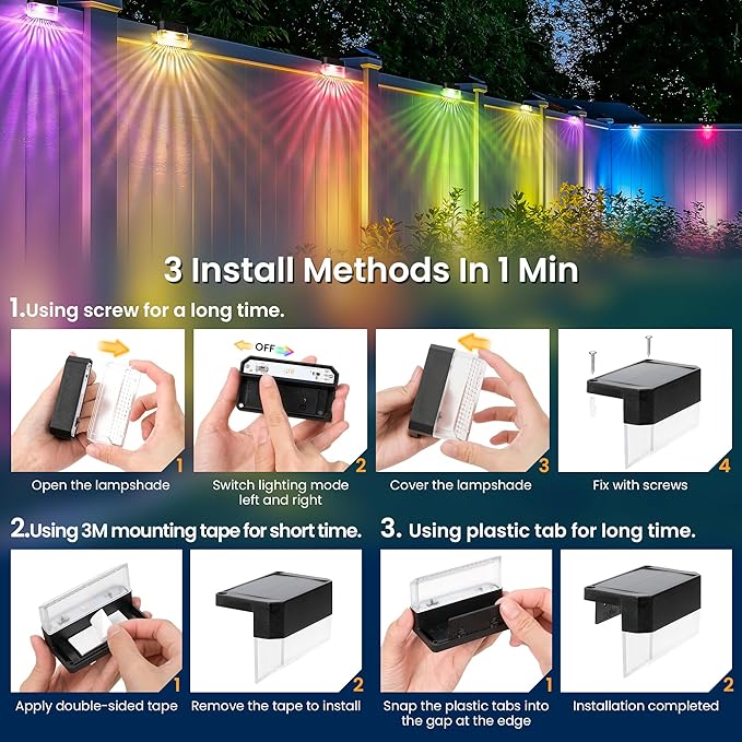 SOLPEX Solar Deck Lights Outdoor,Solar Fence Lights Waterproof Led Light for Outdoor Stairs,Step,Patio,Yard,Garden,Balcony and Porch,8 Pack Shell-Like Light Spots(Black Shell,Warm White&RGB)