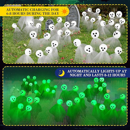 VIHOSE 2 Packs Halloween Solar Lights Outdoor 12 LED Solar Ghost Pathway Lights Waterproof Spooky Ghost Path Light Outdoor Halloween Decorations for Outside Garden Lawn Yard Decors (Green)