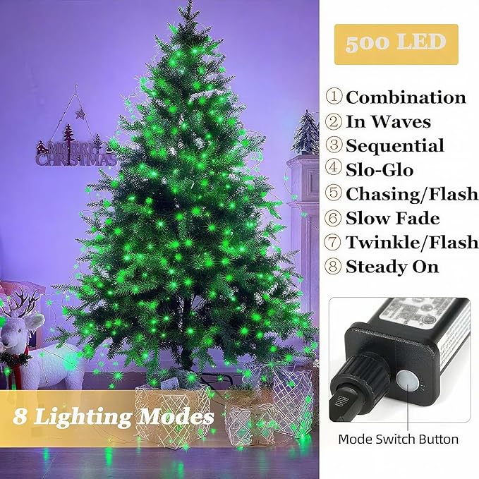 Tcamp 164FT 500 LED Green Christmas Lights, 8 Modes Christmas Tree Lights with Timer Memory Function, Green Wire Starry Fairy String Light for Xmas Tree Outdoor Indoor Decor