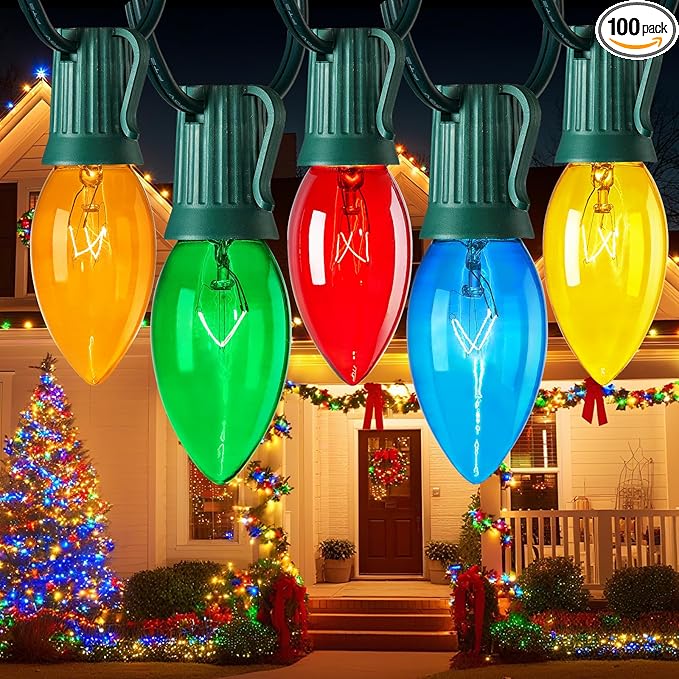 Minetom C9 Bulb String Lights Outdoor 100 Feet Multicolored Christmas Lights Green Wire for Outdoor Patio Room Christmas Tree Party Backyard Xmas Decoration, E17 Base, 100+4 Bulbs, Not Connectable