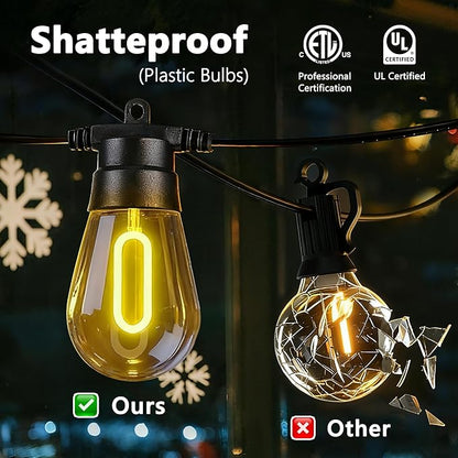 LED Outdoor String Lights, 50FT Patio Lights with 16Pcs Shatterproof S14 Bulb(1 Spare),4 Lighting Mode, Connectable, Waterproof Warm White Edison Plastic Bulb Hanging Light for Yard Gazebo Porch Décor