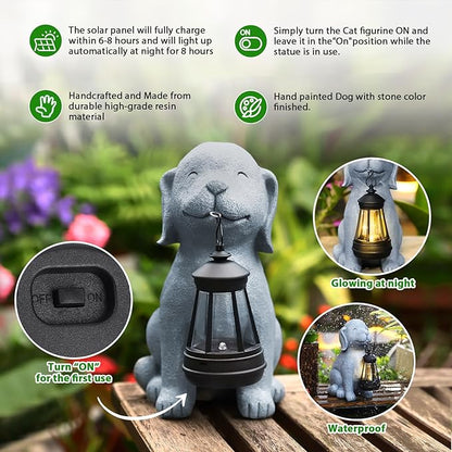 Solar Dog Garden Statue with Lantern, Outdoor Waterproof Dog Figurine Decor for Patio Yard Lawn, Birthday Garden Gifts for Women Mom Grandma, Housewarming Gift
