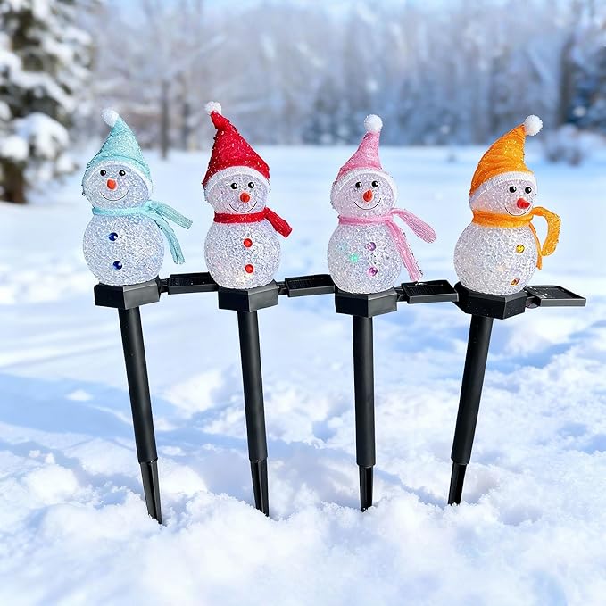 Solar Christmas Pathway Lights Outdoor Decoations, 4 Color Waterproof Snowman Stake Solar Garden Lights, Yard Lawn Walkway Landscape Patio Christmas Decorations Outdoor LED Lights