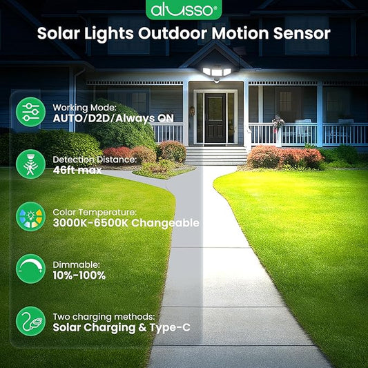 ALUSSO Solar Lights Outdoor with Motion Sensor, 3000-6500K CCT Dimmable 3 Heads Security Light with Remote Control, IP54 Waterproof 3 Modes Flood Lights for Garden Yard Garage