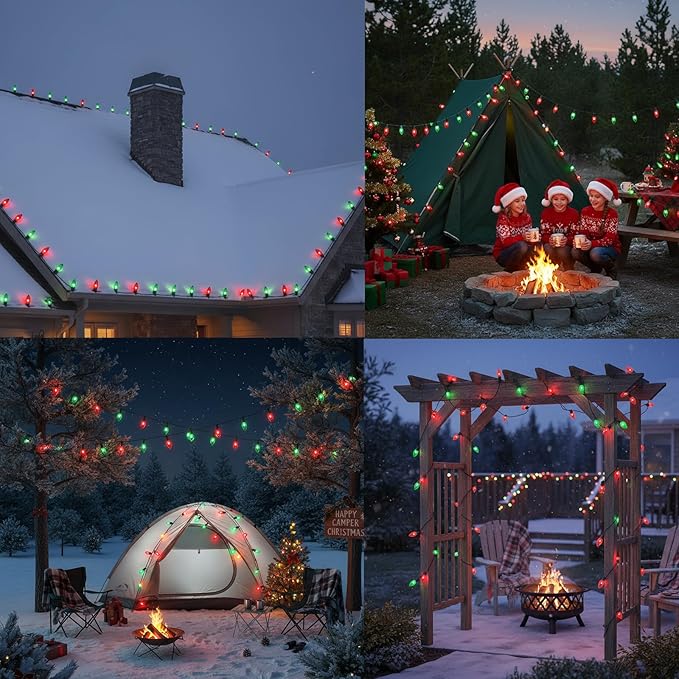25FT Red and Green Christmas Lights, C9 Waterproof Red Green Outdoor Light with 26 Bulbs (1 Spare), Shatterproof Hanging String Lights for Home Garden Yard Xmas Tree Decorations