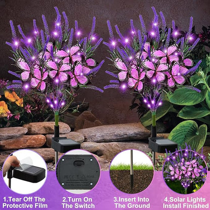 Dremisland 2Pack Solar Flowers Lights Outdoor Waterproof Purple Lavenders Solar Butterfly Lights Solar Artificial Flower Butterfly Garden Decoration for Yard Patio Pathway Lawn Courtyard