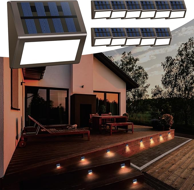 Luminara Solar Step Lights - Weatherproof Outdoor Stair Lighting, Solar-Powered Deck Lights for Patio, Garden, Pathway, Warm White Glow (12)