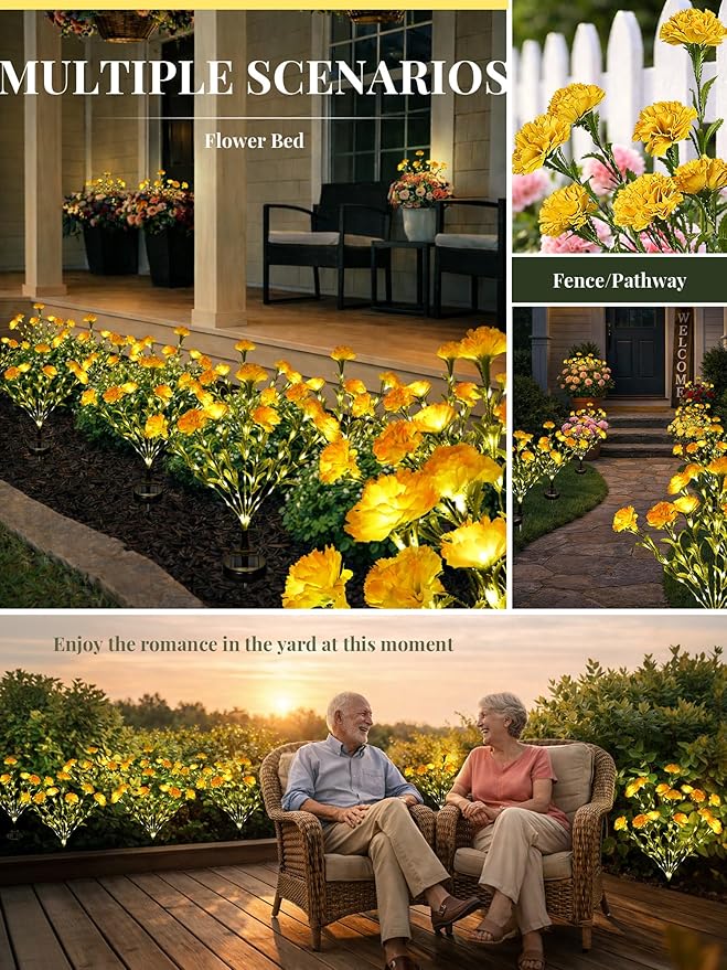 GIGALUMI Solar Lights Outdoor for Garden Decor, 4 Pack Solar Flower Lights Waterproof, 2 Lighting Modes 28 Carnation Flowers for Pathway,Yard, Patio Decoration, Gardening Gifts for Women (Yellow)