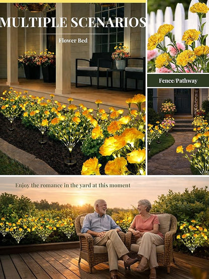 GIGALUMI Solar Lights Outdoor for Garden Decor, 4 Pack Solar Flower Lights Waterproof, 2 Lighting Modes 28 Carnation Flowers for Pathway,Yard, Patio Decoration, Gardening Gifts for Women (Yellow)