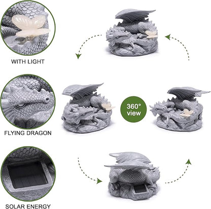 basen Solar Dragon Garden Statue Outdoor Decor, Resin Flying Dragon Figurine with LED Light, Solar Powered Fantasy Yard Art for Lawn Patio Porch Pathway, Weather Resistant