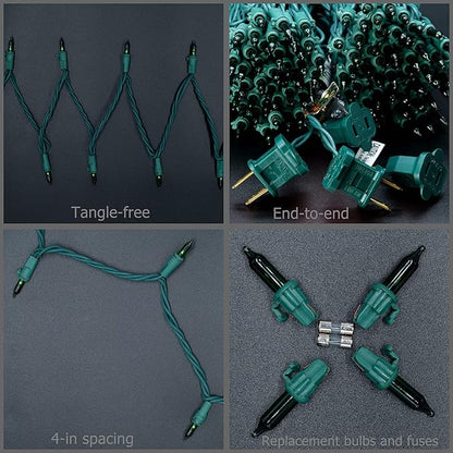 YULETIME 200 Green Christmas Lights, Pack of 2 Sets 33 Feet 100 Count UL Certified Incandescent String Lights (Green - Green Wire)