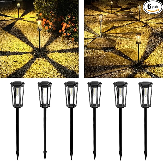 6 Pack Solar Pathway Lights, Outdoor Waterproof (IP65) with 2-in-1 Lighting Modes, Warm White LED for Yard, Lawn, Garden, Patio & Landscape