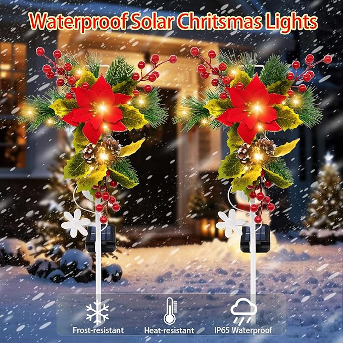 2 Pack Solar Christmas Decorations Outdoor, 32 Inch Solar Christmas Cross Stake Lights, Waterproof Grave Decorations with Poinsettia Flower Pinecones Red Berries for Garden Yard Patio Lawn Cemetery