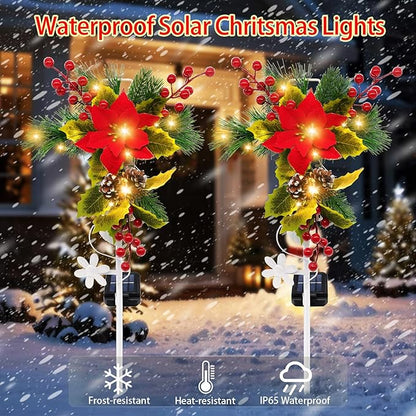 2 Pack Solar Christmas Decorations Outdoor, 32 Inch Solar Christmas Cross Stake Lights, Waterproof Grave Decorations with Poinsettia Flower Pinecones Red Berries for Garden Yard Patio Lawn Cemetery