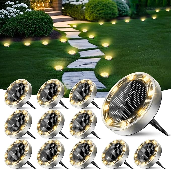 Peasur Mini Solar Ground Lights Outdoor, 12 Pack Flat Solar Powered Disc Lights, IP68 Waterproof, Anti-Rust | Lumora