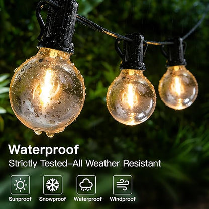 50FT Outdoor String Lights with Remote Dimmer, 25 + 2 Spare Led G40 Bulbs Connectable Dimmable Balcony Lights, Support Timer Waterproof Shatterproof for Patio Porch Garage Cafe