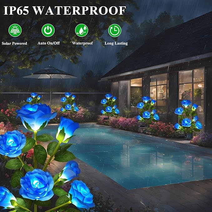 DWH 1 Pack Solar Garden Lights Outdoor, 7-Flower Rose Solar Lights for Yard, LED Solar Powered Stake Lights for Patio Pathway Lawn Fence Cemetery, Blue