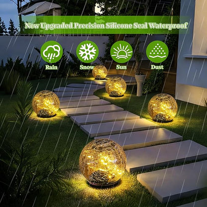 2 Pack Solar Path Lights Outdoor, Cracked Glass Globe with Light Control, IP67 Waterproof Solar Garden Lights, Warm Yellow & 4-Color LED Ball Lights for Yard, Patio, Lawn & Holiday Decor