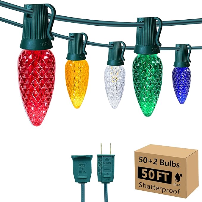 C9 LED Christmas Lights Outdoor 50FT with 50 Pcs(+2 Spare) C9 E17 Base Color Holiday Decor Bulbs for Indoor & Outdoor Use, Connectable, Weatherproof for Roof Decoration.