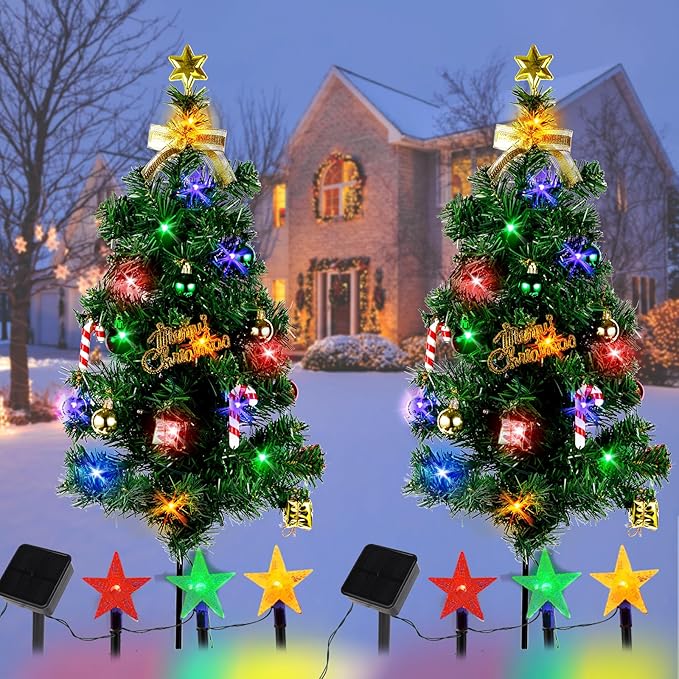 Solar Christmas Tree Light Outdoor Decoration, 31Inch Solar Tree Lights with 30 LED 8 Flashing Modes Decorated Prelit Gift Boxes & Ornaments for Pathway Patio Yard Garden Cemetery, 2PCS