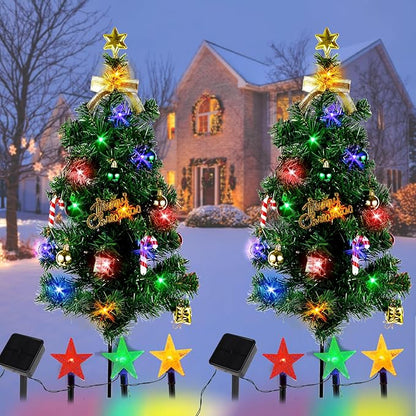 Solar Christmas Tree Light Outdoor Decoration, 31Inch Solar Tree Lights with 30 LED 8 Flashing Modes Decorated Prelit Gift Boxes & Ornaments for Pathway Patio Yard Garden Cemetery, 2PCS