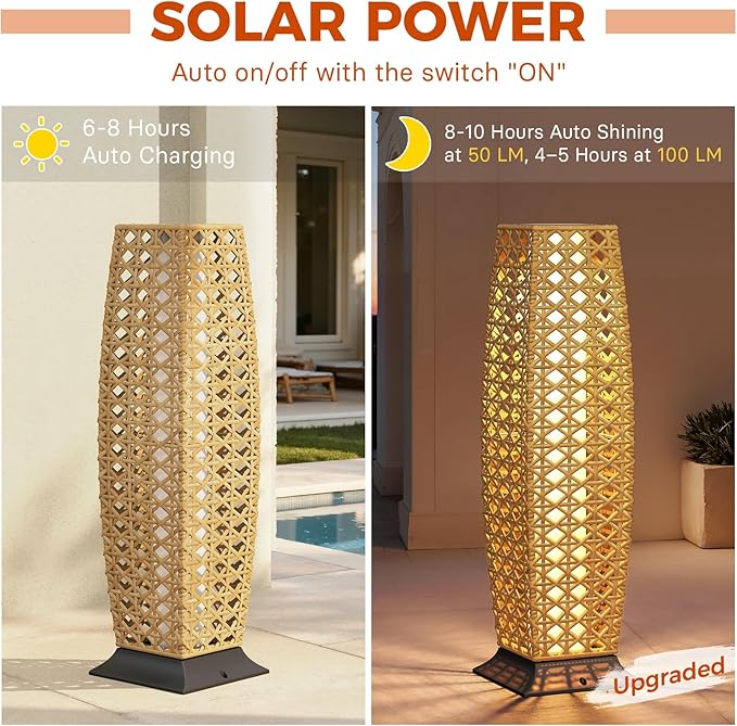 Grand patio 2-Piece Outdoor Floor Lamp Solar Lantern, Water-Resistant Wicker Boho Patio Light with 50/100 Lumens Dual Brightness & Memory Mode for Garden Porch Deck Decor, Large Diamond Natural