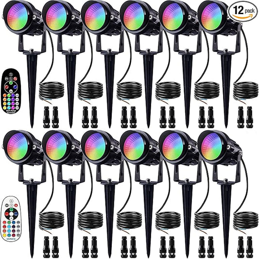 SUNVIE RGB Christmas Low Voltage Landscape Lights Color Changing 12W LED Landscape Lighting Outdoor Waterproof Remote Control for Garden Pathway Christmas Decorative Lighting, 12 Pack with Connector