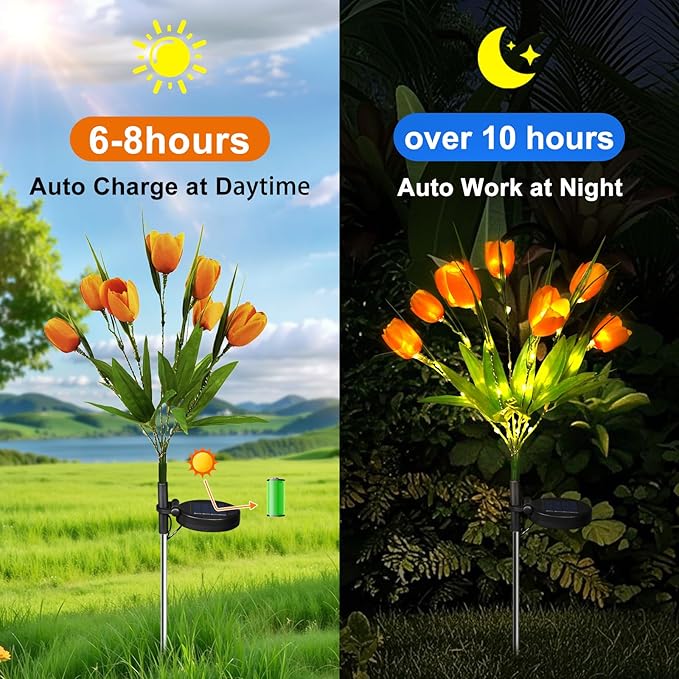 Aolyty Solar Garden Lights Outdoor, Solar Tulip Lights 2 Pack with 14 Tulip Flowers, IP65 Waterproof LED Stake Light for Pathway Patio Yard Landscape Decorative (Orange)
