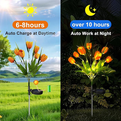 Aolyty Solar Garden Lights Outdoor, Solar Tulip Lights 2 Pack with 14 Tulip Flowers, IP65 Waterproof LED Stake Light for Pathway Patio Yard Landscape Decorative (Orange)