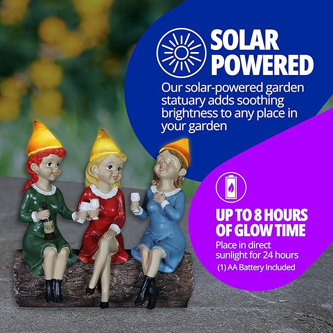 Exhart Garden Gnomes, Girl's Night Wine Drinking Solar Garden Gnome Statue, LED Hats, Outdoor Lawn and Yard Decoration, 5.5 x 10.5 x 9.5 Inch, Multicolor, Resin