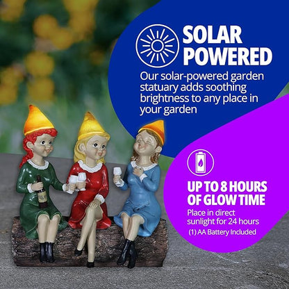 Exhart Garden Gnomes, Girl's Night Wine Drinking Solar Garden Gnome Statue, LED Hats, Outdoor Lawn and Yard Decoration, 5.5 x 10.5 x 9.5 Inch, Multicolor, Resin