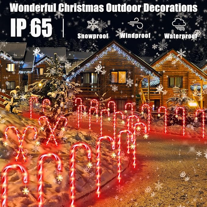 20 Pack 36" Candy Cane Lights Outdoor Pathway with Timer 6/18H, Real 30" (36" with Stake) Tall Candy Cane Pathway Lights, 62FT Christmas Decorations Outside, 8 Modes Warm LED Lights with Snowflake