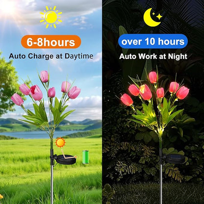 Aolyty Solar Garden Lights Outdoor, Solar Tulip Lights 2 Pack with 14 Tulip Flowers, IP65 Waterproof LED Stake Light for Pathway Patio Yard Landscape Decorative (Pink)