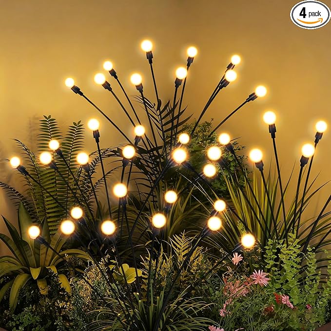 Solar Garden Lights, LED Swaying Solar Lights Outdoor Waterproof, Warm White Firefly Outdoor Decorative Lights, Garden Decor, Yard, Patio, Pathway Decoration Gardening Gifts (4 Pack)