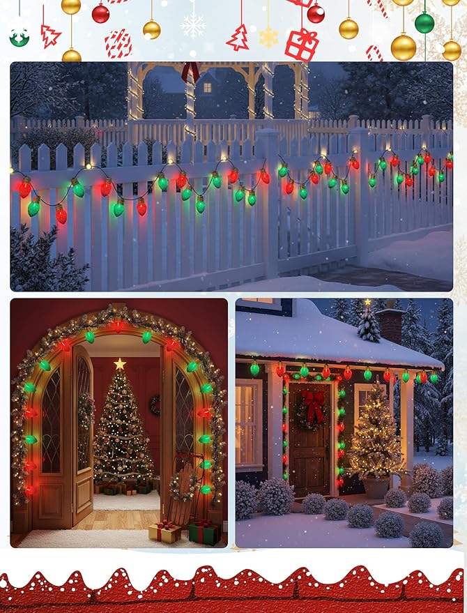 Red and Green Jumbo Christmas Lights Outdoor, 16ft Jumbo C7 (5") Diamond Pattern Bulbs, Connectable Large Outdoor | Lumora