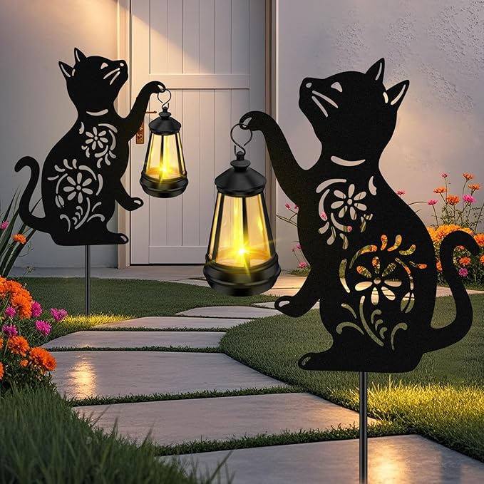 Solar Garden Statues Cat Decor - Outdoor Metal Lantern Silhouette Stake, Waterproof Solar Lights for Yard Patio | Lumora