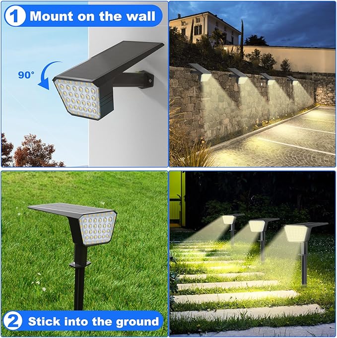 Solar Spot Lights Outdoor, IP65 Waterproof 44 LED Landscape Spotlights, Solar Powered Spotlight with Auto On/Off and 3 Lighting Modes for Outside Garden Decor, 4 Pack (Cool White)
