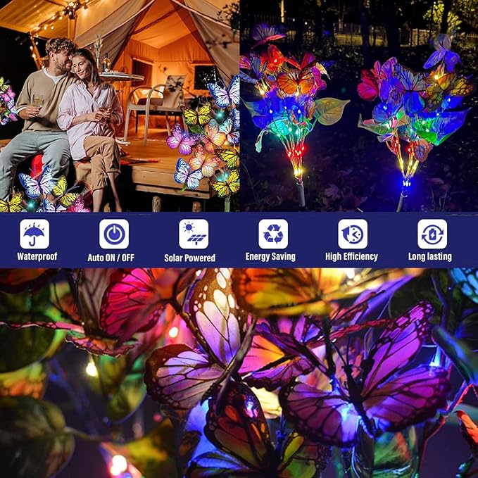 Butterfly Solar Lights for Outside, 2 Pack 34 Butterfly Waterproof Decorative Garden Lights, Color-Changing Butterfly Design, Outdoor Solar Powered LED Lights for Patio,Yard,and Pathway