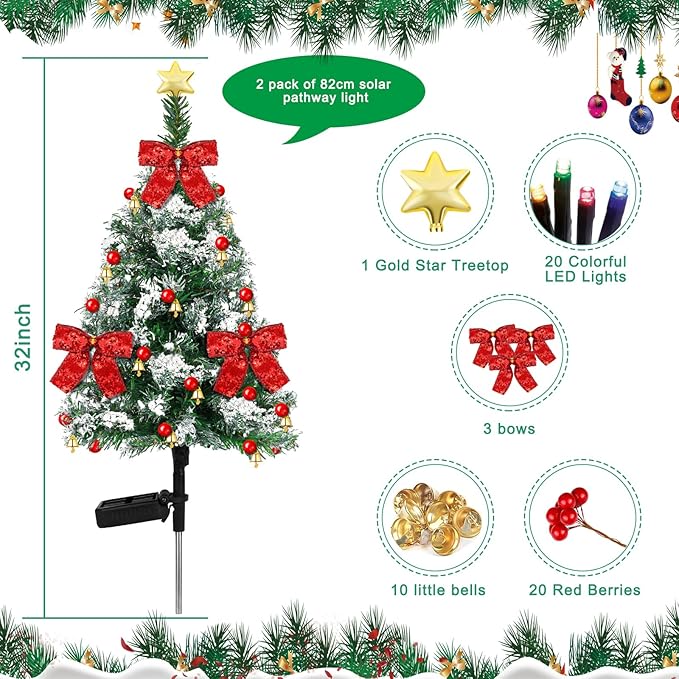 2 Pack 32 inch Solar Xmas Tree Light Outdoor Tree with 20 LED Lights Waterproof Christmas Pathway Light Solar Christmas Decorations for Yard Garden Lawn Walkway