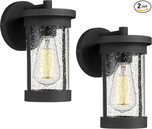 Ken & Ricky Outdoor Wall Light Fixture,Exterior Lighting Fixtures,Modern Sconce Lights for Porch Patio Garage Front Door (Black,Seeded Glass, 2PK)